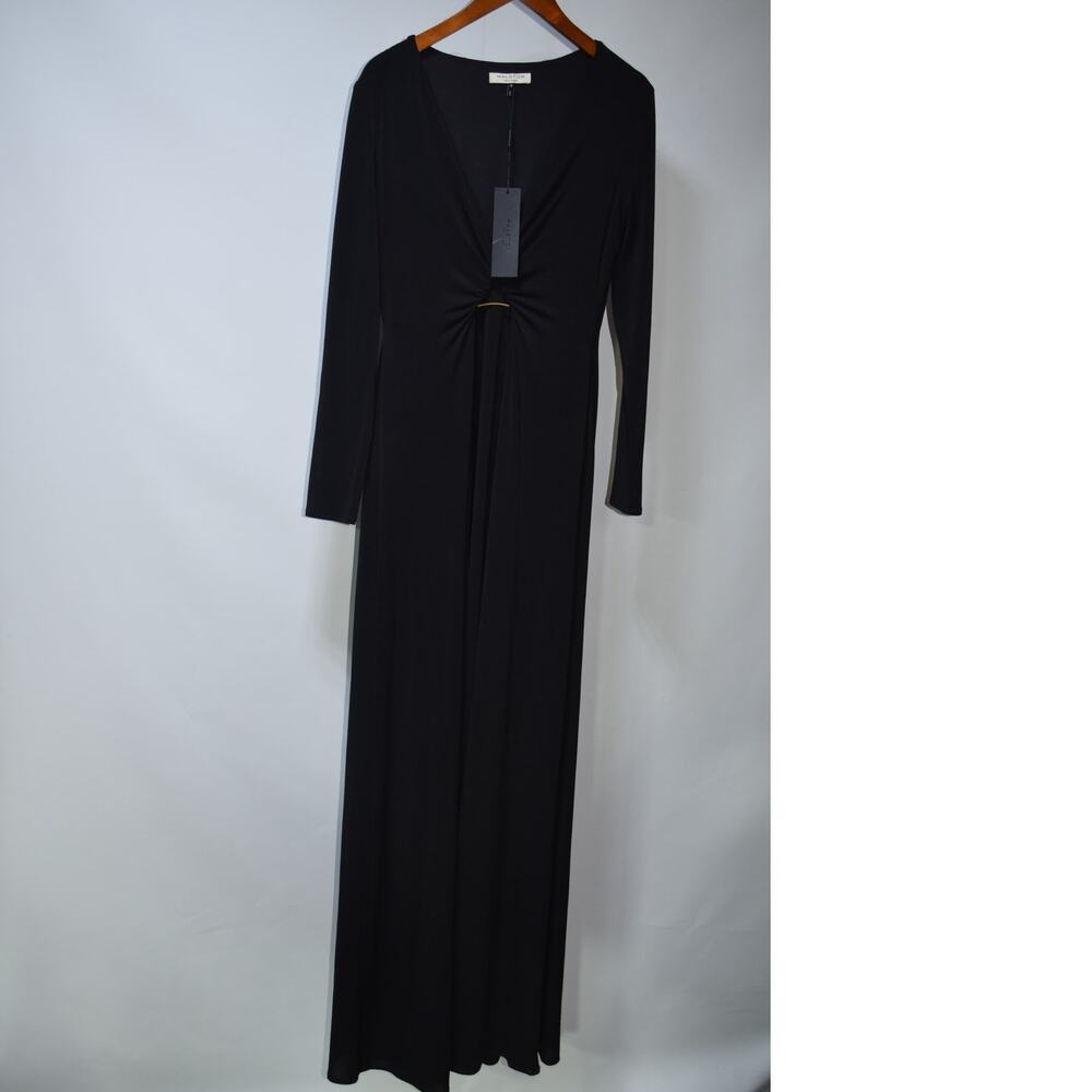 NWT Halston Heritage Black Maxi Gown Gold Ring Detail Long Sleeve Dress Size S